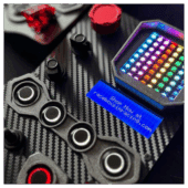 GT3-PRO sim racing button box LED matrix display active with race telemetry and flag indicators