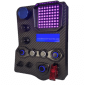 GT3-PRO carbon fiber sim racing button box front view with RGB LED matrix display and rotary encoder