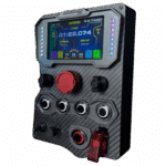 GTE V3 carbon fiber sim racing button box with integrated digital display, rotary encoder, illuminated push buttons and emergency stop knob