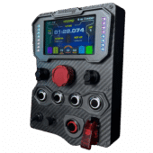 GTE V3 carbon fiber sim racing button box with integrated digital display, rotary encoder, illuminated push buttons and emergency stop knob