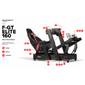 Next Level Racing F-GT Elite 160 adjustability chart showing wheel, pedal and seat adjustment points