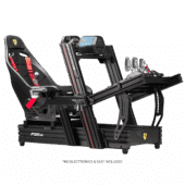 Three-quarter view of Next Level Racing F-GT Elite 160 Ferrari Edition rig with seat, wheel and pedals