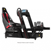 Side profile of F-GT Elite 160 Ferrari Edition cockpit with Ferrari-branded seat and red harness