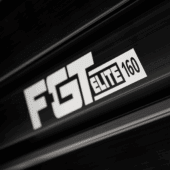 F-GT Elite 160 Ferrari Edition logo close-up on black aluminium profile