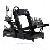 Front angle of the Next Level Racing F-GT Elite 160 cockpit showing wheel deck, pedal tray and shifter mount