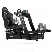 Next Level Racing F-GT Elite 160 cockpit complete view showing wheel mount, pedal deck and shifter platform