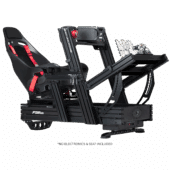 Side angle of Next Level Racing F-GT Elite 160 cockpit with adjustable seat, wheel mount and pedal deck