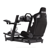 Next level racing elite keyboard and mouse tray in black with cockpit view.