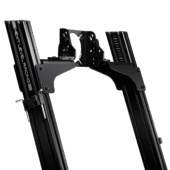 Close-up view of the GT Elite Lite front and side frame mounting bracket showing precision-cut steel plates and adjustable wheel mount.