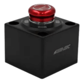 Angled view of Simagic emergency stop button showing compact housing and mounting points