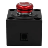 Rear view of Simagic emergency stop button showing connection port for sim racing setup