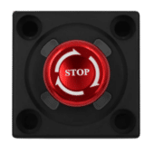 Top view of Simagic emergency stop button showing red stop switch with directional arrows