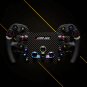 Simagic FX-C formula wheel front view with RGB illuminated buttons and carbon fiber faceplate