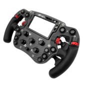 Angled view of Simagic FX Pro wheel highlighting full control layout and grip design