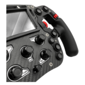 Close-up of Simagic FX Pro wheel left side controls with rotary knobs and labeled switches