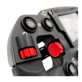 Close-up of Simagic FX Pro wheel red rotary encoder and button cluster