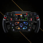 Simagic FX Pro formula wheel front view with integrated LCD display and RGB shift lights