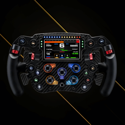 Simagic FX Pro formula wheel front view with integrated LCD display and RGB shift lights