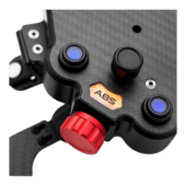 Simagic GT Pro Hub carbon fibre close-up showing ABS rotary encoder and illuminated buttons