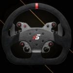 Simagic GT1-D steering wheel front view with suede grip, rotary encoders and carbon fibre plate