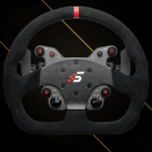 Simagic GT1-D steering wheel front view with suede grip, rotary encoders and carbon fibre plate