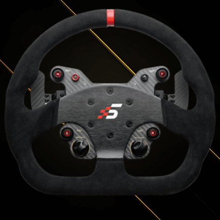 Simagic GT1-D steering wheel front view with suede grip, rotary encoders and carbon fibre plate