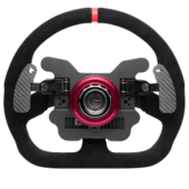 Rear view of Simagic GT1-D wheel showing quick release hub and magnetic paddle shifters