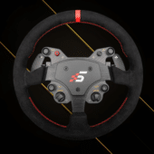 Simagic GT1-R Alcantara steering wheel front view with integrated rotary controls and button layout