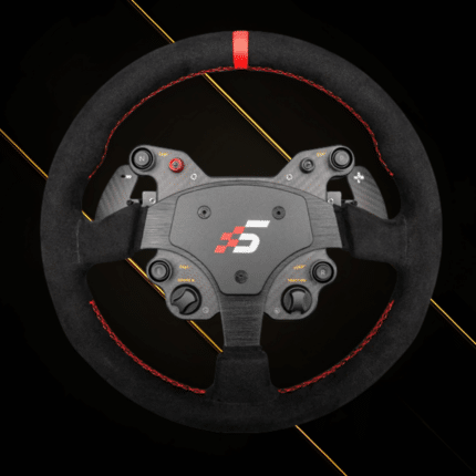 Simagic GT1-R Alcantara steering wheel front view with integrated rotary controls and button layout