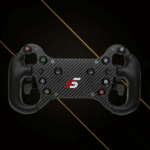 Simagic GT4-C steering wheel front view with carbon fibre plate and multi-button layout