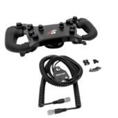 Simagic GT4-C wired wheel angled view showing carbon fibre plate, cable and included mounting accessories