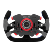 Simagic GTC-C steering wheel rear view showing quick release system and dual magnetic paddle shifter