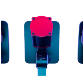 Front view of Simagic haptic reactor mounted on pedal showing red housing and mounting bracket