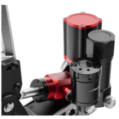 Close-up of Simagic haptic reactor integrated with hydraulic system and pedal components