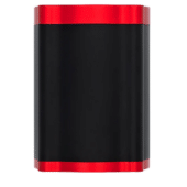 Close-up of Simagic haptic reactor unit showing cylindrical black and red anodized design