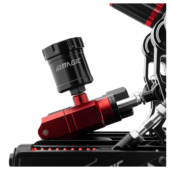 Angled installed view of Simagic P1000 hydraulic brake system showing integration with pedal rig