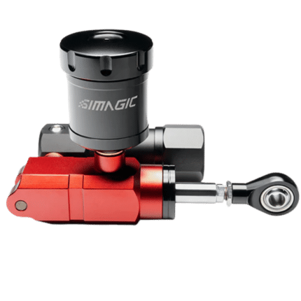 Side profile of Simagic P1000 hydraulic braking system with piston and adjustable linkage