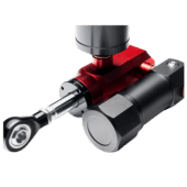 Angled installed view of Simagic P1000 hydraulic brake system showing integration with pedal rig