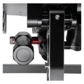 Close-up of Simagic P1000 inverted hydraulic brake system mounted under pedal assembly