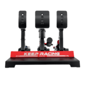 Simagic P1000 sim racing pedals front view with triple pedal setup and Keep Racing branding