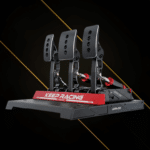 Simagic P1000 pedals rear angle perspective showing full triple pedal configuration and structure
