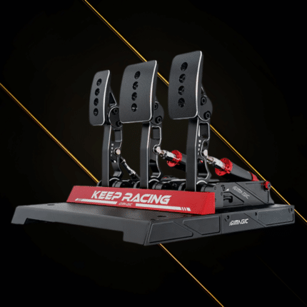 Simagic P1000 pedals rear angle perspective showing full triple pedal configuration and structure