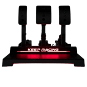 Simagic P1000 Sim Ray-Bar installed with red lighting in dark environment highlighting pedal setup