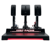 Simagic P1000 pedal set with Sim Ray-Bar installed showing illuminated base and racing setup