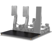 Simagic P2000 carbon foot board installed under pedal set showing full base platform support