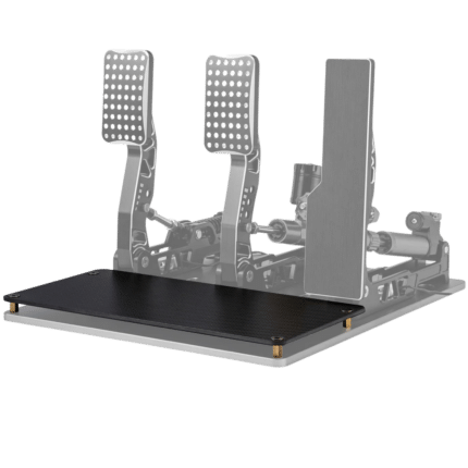 Simagic P2000 carbon foot board installed under pedal set showing full base platform support