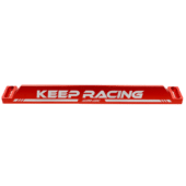 Close-up of Simagic P2000 heel stop bar with Keep Racing branding in red anodized finish