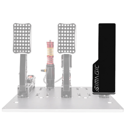 Simagic P2000 pedal set with long throttle accessory installed showing extended throttle position and full pedal layout