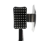 Close front view of Simagic P2000 side throttle plate showing grip pattern and stainless support plate