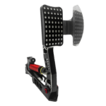 Angled view of Simagic P2000 pedal with side throttle plate accessory installed showing enhanced foot control support